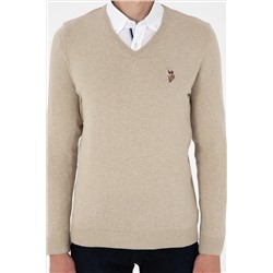Erkek Slim Fit V Yaka Haki Melanj Basic Kazak