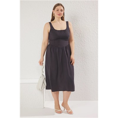 Trendyol Curve Antrasit Modal Yumuşak Midi Dokuma Büyük Beden Elbise TBBSS25AH00134