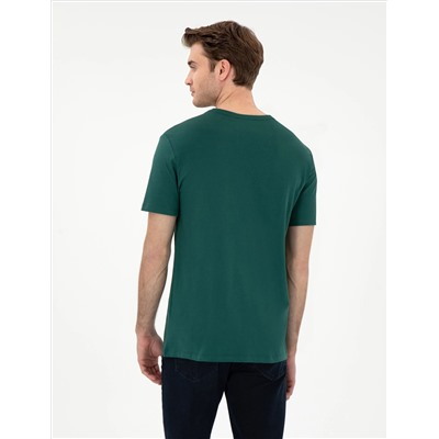 Koyu Yeşil %100 Pamuk Slim Fit Bisiklet Yaka Basic Tişört