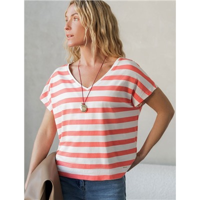 Футболка в полоску с V-вырезом и цельнокроеным рукавом из премиального хлопка