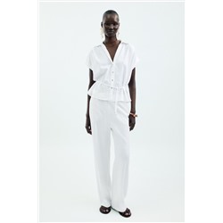 LINEN BLEND BELTED BLOUSE