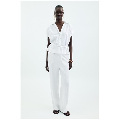 LINEN BLEND BELTED BLOUSE