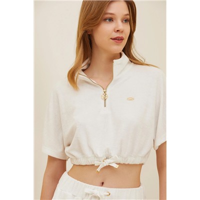 Kadın Ekru V-Yaka Crop Tişört