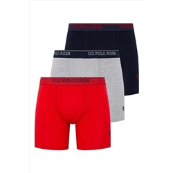 U.S. Polo Assn. Erkek Kırmızı - Gri Melanj - Lacivert 3 Lü Uzun Paçalı Boxer