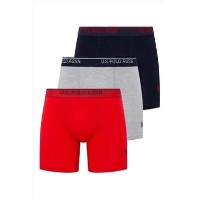U.S. Polo Assn. Erkek Kırmızı - Gri Melanj - Lacivert 3 Lü Uzun Paçalı Boxer