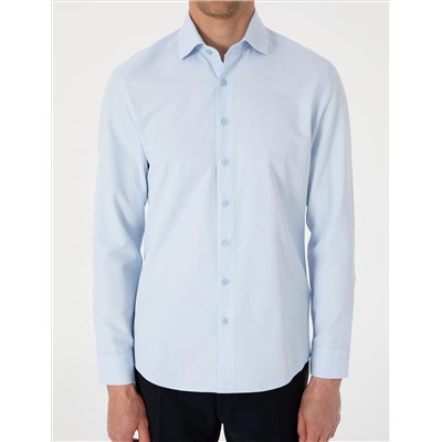 Açık Mavi Slim Fit Uzun Kollu Armürlü Gömlek