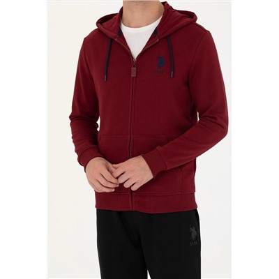 Erkek Bordo Kapüşonlu Örme Hırka