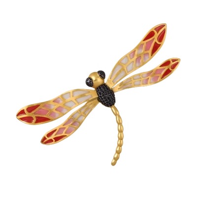 Брошь Стрекоза 10см (эмаль красная, розовая; покрытие матовое золото), Есть комплект
