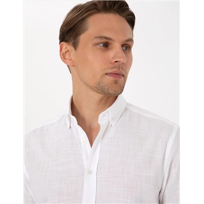 Beyaz Keten Görünümlü Slim Fit Uzun Kollu Gömlek