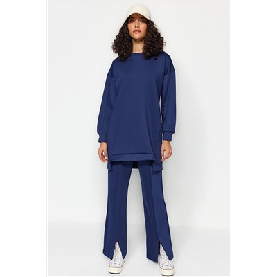 TRENDYOL MODEST Lacivert Yırtmaç Detaylı Scuba Tunik-Pantolon Örme Alt-Üst Takım TCTAW23US00201