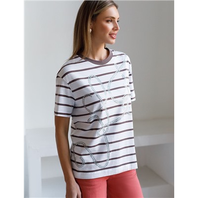 Свободная футболка в широкую полоску с принтом из премиального хлопка с эластаном