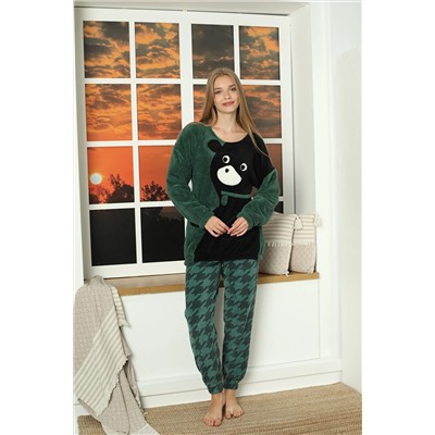 makkash Kadın Yeşil - Siyah Desenli Polar Peluş Pijama Takımı yenisznlndrspolrpjtkmı