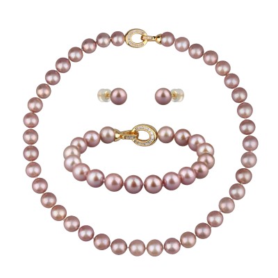 Комплект Эдисон пыльная роза (жемчуг 10-12мм; покрытие золото) 44-46см