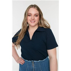 Trendyol Curve Lacivert Polo Yaka Vücuda Oturan Fitilli Örme Bluz TBBSS22BZ0750