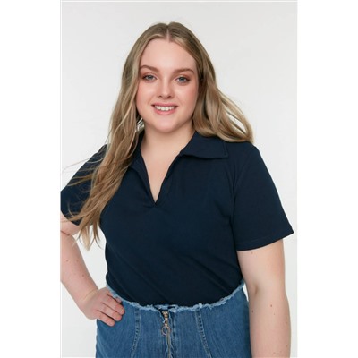 Trendyol Curve Lacivert Polo Yaka Vücuda Oturan Fitilli Örme Bluz TBBSS22BZ0750