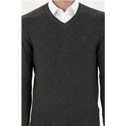 Erkek Slim Fit V Yaka Antrasit Melanj Basic Kazak