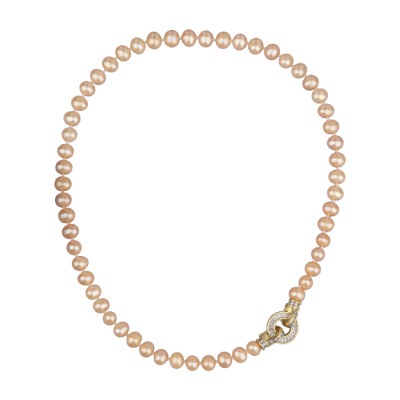 Колье (жемчуг нежный персик 7-8мм, фианит; покрытие золото) 45см, Есть комплект