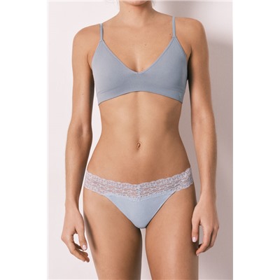 Tanga lisa algodón y encaje azul