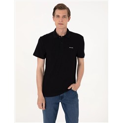 Siyah Slim Fit Örme Dokulu Polo Yaka Tişört