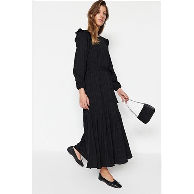 TRENDYOL MODEST Siyah Kuşaklı Omzu Fırfırlı Eteği Volanlı Astarlı Viskoz Karışımlı Dokuma Elbise TCTSS23EB00290