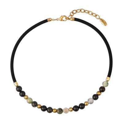 Колье Терра (турмалин микс, каучук черный; покрытие золото) 45-50см, Есть комплект