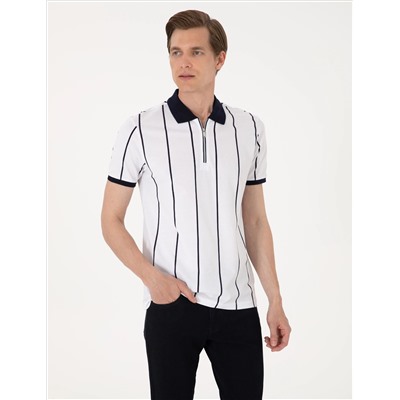 Lacivert Çizgi Detaylı Slim Fit Polo Yaka Tişört
