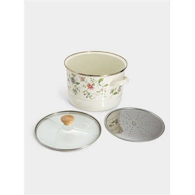 Кастрюля, 24 см, 6.5 л, со вставкой-пароваркой, эмалированная, с крышкой стеклянной, Прованс