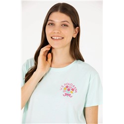 Kadın Su Yeşili Bisiklet Yaka Tişört