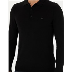 Siyah Slim Fit Polo Yaka Basic Triko Kazak