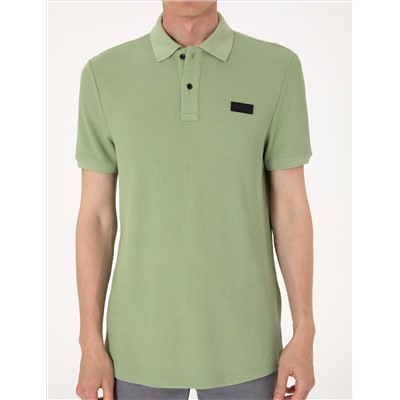 Çağla Yeşili Slim Fit Örme Dokulu Polo Yaka Tişört
