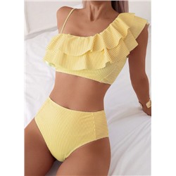 Swim Basics Women's Stripe Ruffled Trim Bikini Set For Summer Beach Vacation Holiday