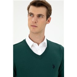Erkek Slim Fit V Yaka Koyu Yeşil Basic Kazak