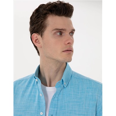 Aqua Keten Görünümlü Slim Fit Uzun Kollu Gömlek