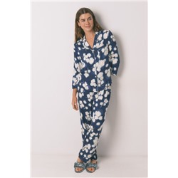 Pijama camisero largo viscosa floral azul
