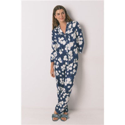 Pijama camisero largo viscosa floral azul