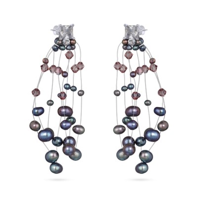 Серьги Грозди (жемчуг бензиновый 3-7мм, SW аметист; покрытие родий), Есть комплект