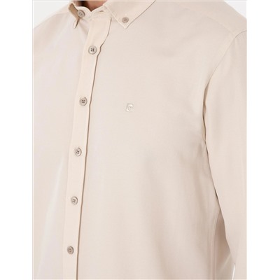 Bej Oxford Slim Fit Kolay Ütülenebilir Gömlek