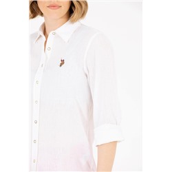 Kadın Beyaz Keten Görünümlü Basic Uzun Kollu Gömlek