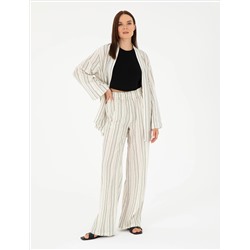 Ekru Dokulu Yüksek Bel Loose Fit Pantolon