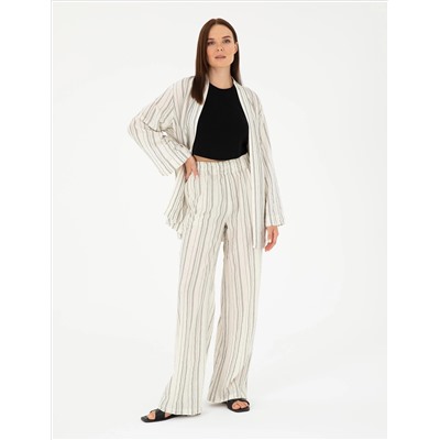 Ekru Dokulu Yüksek Bel Loose Fit Pantolon