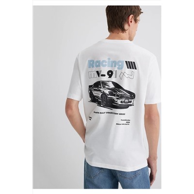 Mavi Baskılı Ekru Tişört Loose Fit / Bol Rahat Kesim 0613033-70057