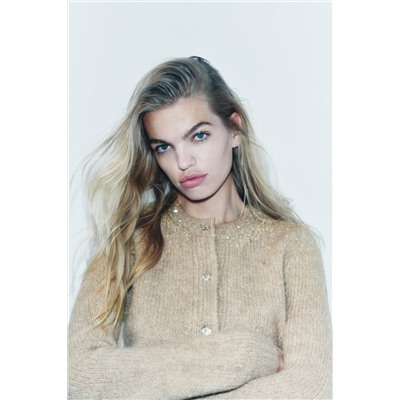 BEADED RHINESTONE KNIT CARDIGAN