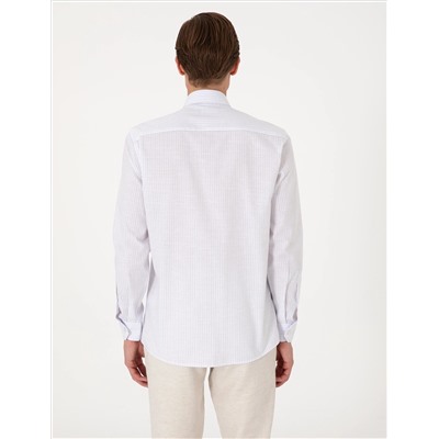 Lacivert Slim Fit Çizgili Uzun Kollu Gömlek