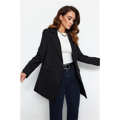 TRENDYOL MODEST Siyah Çift Düğme Detaylı Cepli Astarlı Blazer Dokuma Ceket TCTSS22CE0250