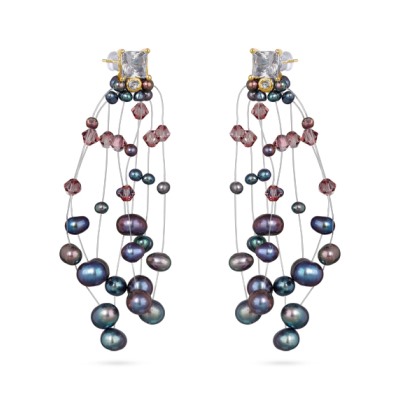 Серьги Грозди (жемчуг бензиновый 3-7мм, SW аметист; покрытие золото), Есть комплект