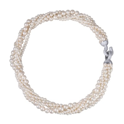 Колье Течение (Майорка белая 4-6мм, цирконы; покрытие родий) 50см, Есть комплект