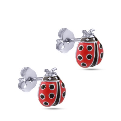 Пусеты Божья коровка (эмаль красная, черная; покрытие родий), Есть комплект