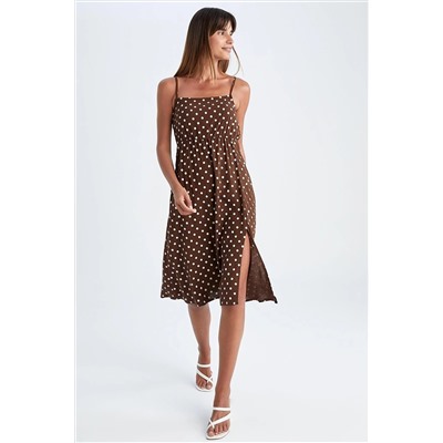 Defacto Slim Fit Desenli İp Askılı Beli Büzgülü Yırtmaçlı Midi Elbise U4663AZ22HS