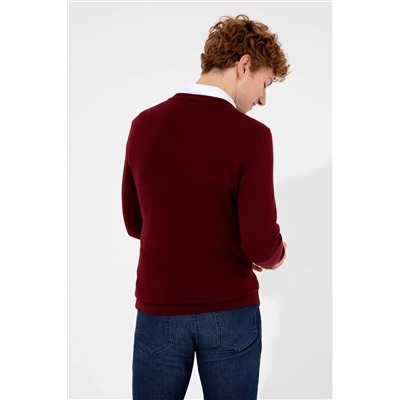 Erkek Bordo V - Yaka Basic Triko Kazak