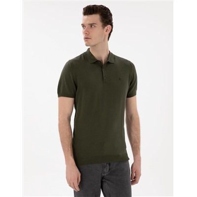 Haki Slim Fit Düğmeli Polo Yaka Triko Tişört